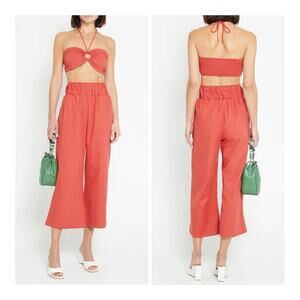 NWOT KOURT Chrishell Set Halter Smocked Crop Top Pull-On Wide Leg Pant Linen - L